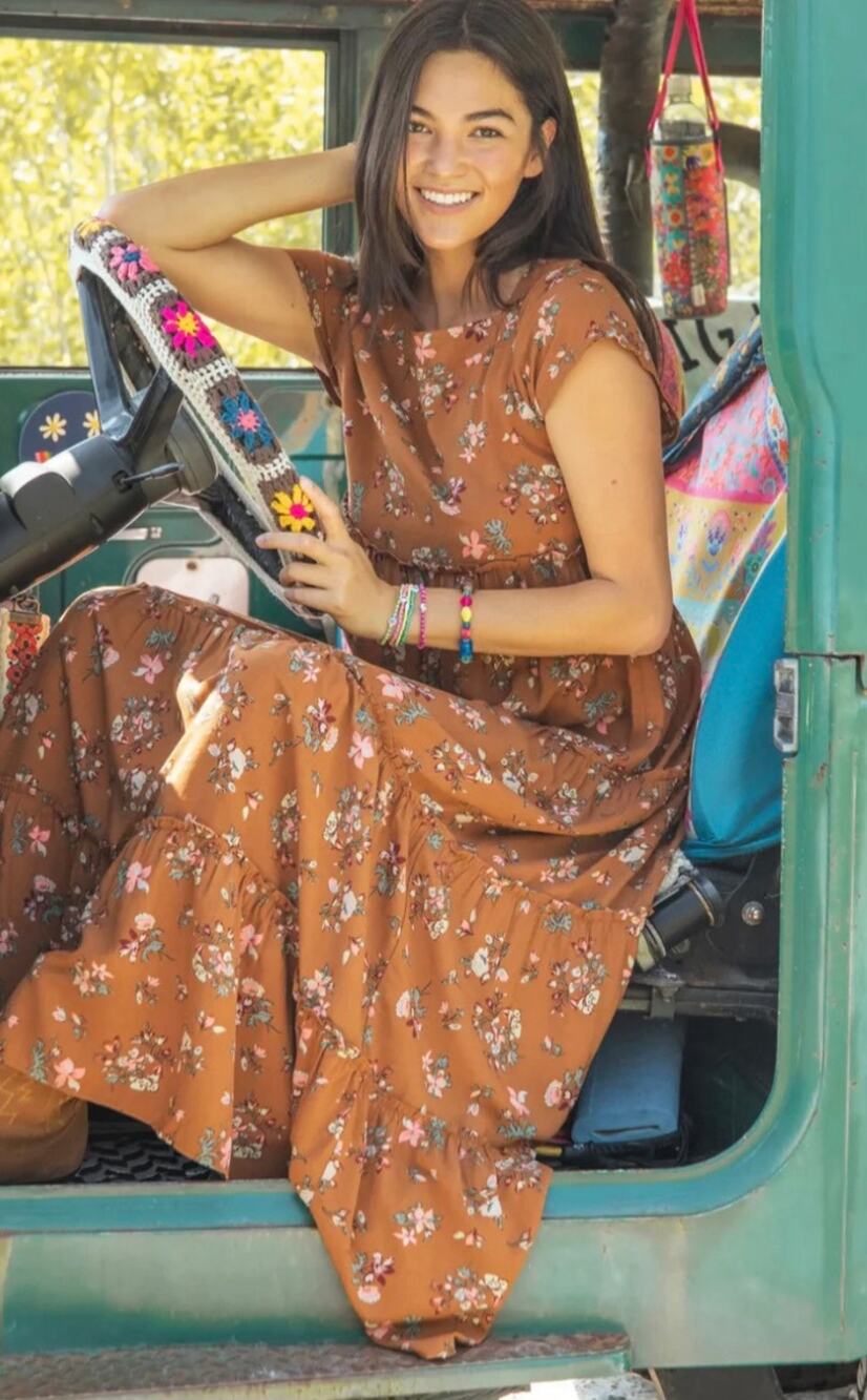 Natural Life Berkley Maxi Dress Medium Brown Floral Tiered Square Neck Boho M